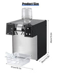 Commercial Electric Ice Shaver Machine With Adjustable Thickness For Snow Cones Slushies Smoothies Milk Tea And Bar Cocktails Stainless Steel Durable And Easy To Clean, showing dimensions and parts