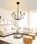 Living room with Six Light Black Farmhouse Industrial Metal Chandelier With Classic Candle Pendant Style For Dining Room Kitchen