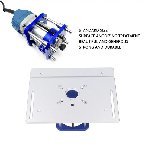 Precision Aluminum Alloy Router Table Insert Plate With 0 To 54mm Lift Kit For 64 To 65mm Routers showing CNC machined aluminum body and blue router.