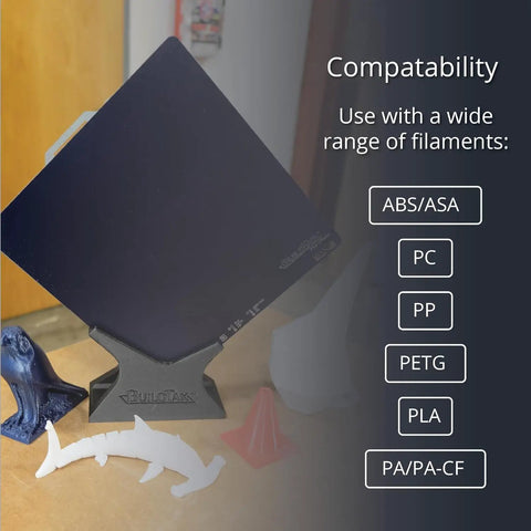 Flexible Magnetic Steel Build Plate For Bambu Lab H2D H2S With No Glue fast print release showcasing filament compatibility options.