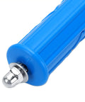 Close-up of the blue handle of the Heavy Duty Drain Snake With Drill Attachment, highlighting the durable design.