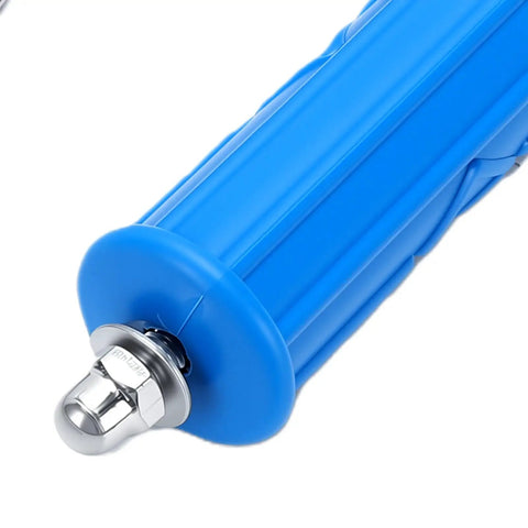 Close-up of Heavy Duty Alloy Steel Drain Snake With Drill Attachment For Kitchen Sink And Bathroom Clogs, featuring blue handle.