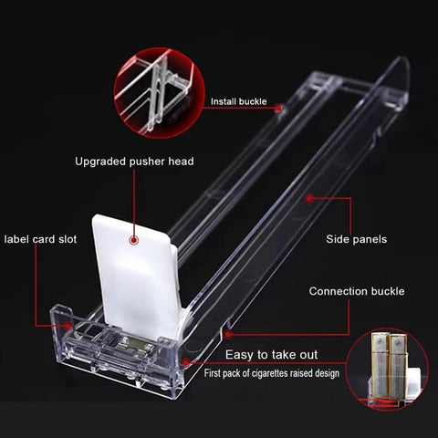 Pro Level Clear Acrylic Automatic Cigarette Display Rack With Smooth Operator Pusher And Divider Tray For Retail Tobacco And Matchbook Storage, showing upgraded pusher head and label card slot.