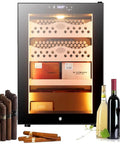 Top Shelf Electric Cigar Humidor For Men Kickass Cedar Wood Cabinet With Digital Hygrometer And Gold Plated Hardware That Keeps Three Hundred Cigars Fresh On Any Real Dudes Solid Rack with cigars and wine bottles.