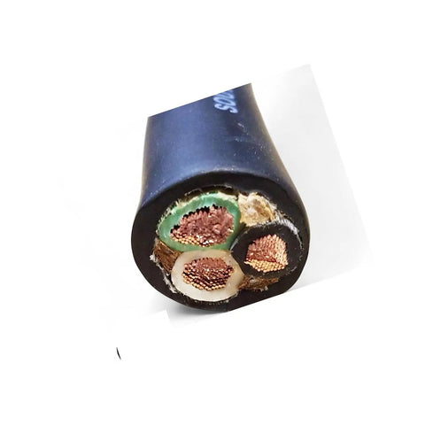 Close-up view of Beefy Four Gauge Three Conductor Soow Power Cable showing copper wires, heavy duty flexible cord.