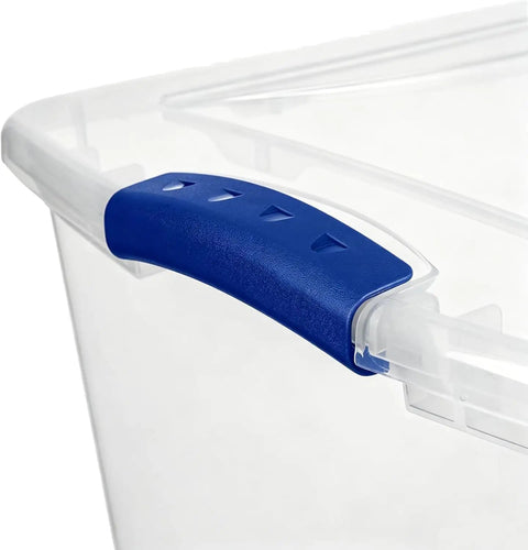 Close-up of blue handle on Super Sized 66 Quart Clear Plastic Storage Bins With Lids stackable heavy duty totes.