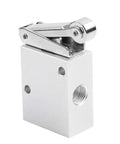 Heavy Duty Mechanical Pneumatic Roller Valve For Air Control With One Quarter Inch Ports, silver metal body with roller mechanism.
