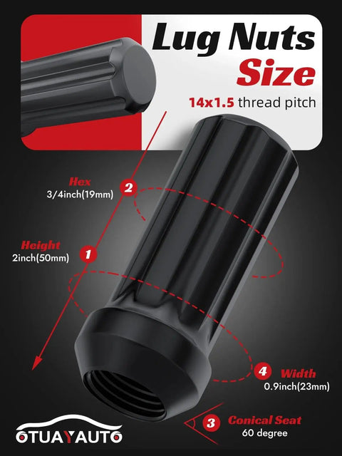 Hella Tough Heavy Duty M14x1.5 Black Spline Lug Nuts 24 Piece Set With Locking Socket Key close-up showing size dimensions and conical seat
