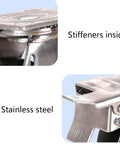 Close-up view of Heavy Duty 304 Stainless Steel Flat Plate Caster Wheels showing stiffeners and double shielded bearings.