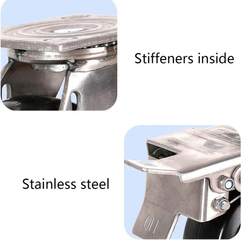 Close-up view of Heavy Duty 304 Stainless Steel Flat Plate Caster Wheels showing stiffeners and double shielded bearings.