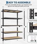 Heavy Duty Five Tier Metal Shelving Rack Featuring Reinforced Steel Frame And Durable Mdf Boards Holds Sixty Five Pounds Per Level Quick No Sweat Boltless Setup Built For Rugged Garage Storage, showing snap fit and boltless design.