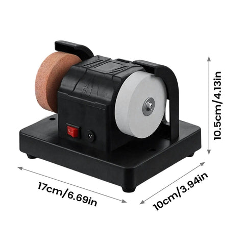Workhorse Dual Wheel Electric Knife Sharpener And Polisher With Double Grinding Plates, compact size 17cm x 10cm x 10.5cm.