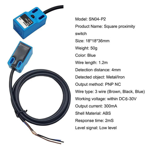 Inductive Proximity Sensor SN04 P2 4mm Detection Distance PNP NC 3 Wire 6 to 30 VDC 300 mA Output With Blue LED Indicator.