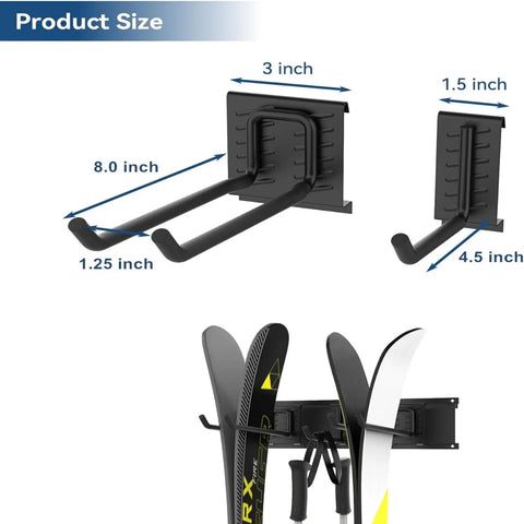 Product size of Heavy Duty Wall Mount Ski Rack For Garage Adjustable Steel Rail Holds Four Pairs Of Skis, showing dimensions of hooks.