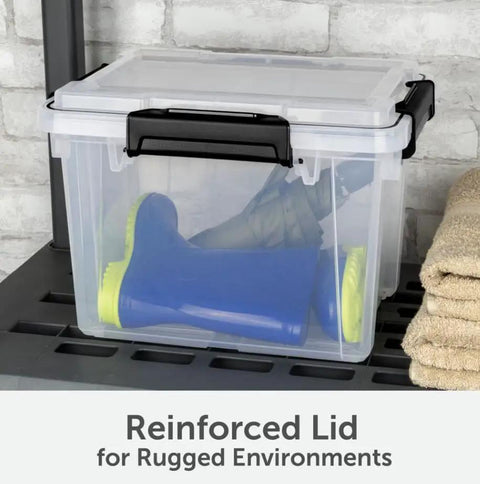 Three Pack 19 Quart Clear Plastic Storage Containers Featuring Bulletproof IP68 Waterproof Rating Kickass Silicone Gasket And Rock Solid Latches For Hella Reliable Outdoor Gear Organization And Smooth Carry with blue boots inside.