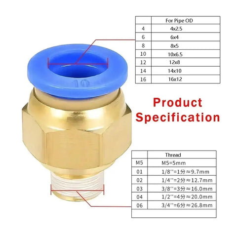 Twenty Piece Pneumatic Air Fittings Kit Tube Connectors In 10mm 12mm 14mm 16mm With M5 Threads Three Quarters Inch And One Half Inch Hose Adapters Includes 1 Way And 2 Way Pipe Connectors brass fitting with blue collet and size chart