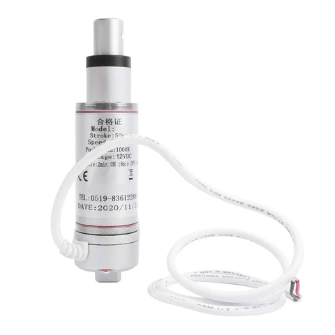 Dead Quiet 12 VDC Linear Actuator Motor With Automatic Limit Switch Shutdown For Smooth Push Pull Motion No Burnouts Or Drama, compact, silver design.