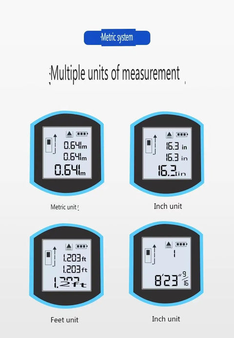 Multi-unit display of Built Tough 3 In 1 Laser Tape Measure With 130 Foot Range and 16 Foot Digital Ruler for various measurements