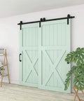 Heavy Duty Bypass Barn Door Slides Hardware Kit For Double Doors Featuring Rock Solid Steel J Track With Smooth As Butter Glide Rollers In Classic Black Finish with mint green doors.