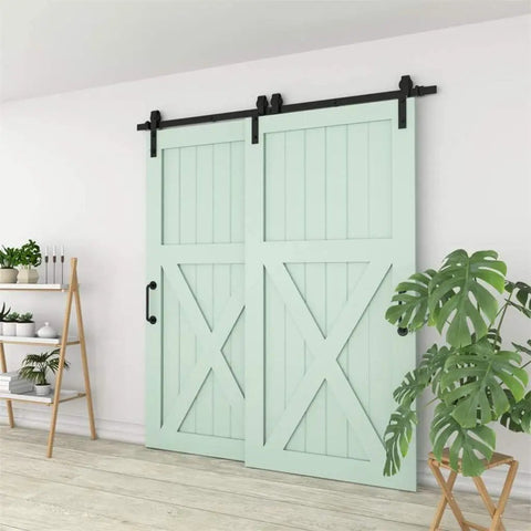 Heavy Duty Bypass Barn Door Hardware Kit For Double Sliding Doors With Slick J Channel Roller Tracks And Smooth Operator Glide Movement For No Sweat Room Dividers with mint green doors.