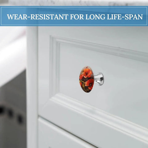 Fresh Oil Painting Red Flower Cabinet Knobs, Slick Stainless Steel Design, Decorative Drawer Handles to Kick Your Kitchen or Bathroom Hardware up a Notch, Set of 2 with Screws, Super Easy Install on cabinetry.