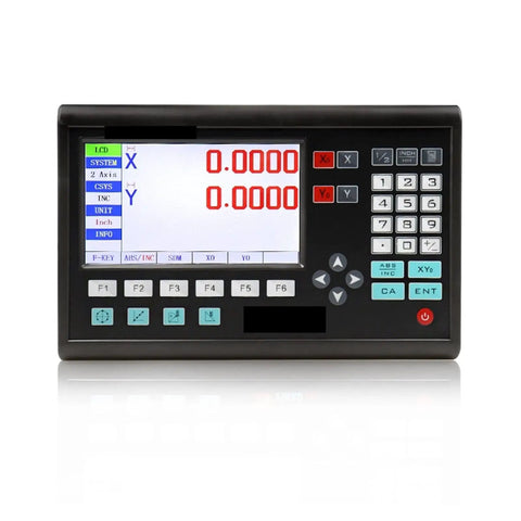 Top Shelf Two Axis Digital Readout DRO Kit With Huge LCD Panel And Dead Accurate Linear Glass Scales For Mill And Lathe Machines Built Like A Tank For Daily Shop Work featuring large LCD display and keypad.