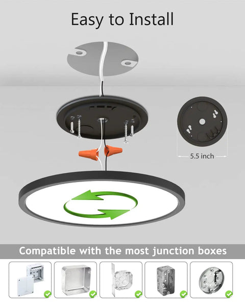 Installation diagram of 4 Pack 9 Inch LED Flush Mount Ceiling Lights Black, 24W Round Flat Fixture, 5000K Daylight, 2400 Lumens
