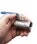 Bulletproof Stainless Steel Ball Valve With Slick Female Threaded Plumbing Connector For Faucets And Water Pipes held in hand.