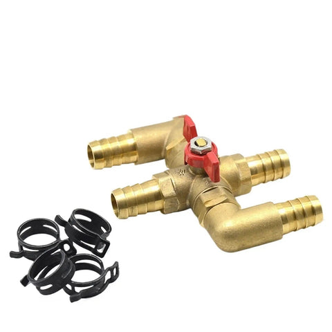 Heavy Duty Brass Cross Ball Valve With 23mm Hose Barb Four Way Plumbing Fitting, red handle and clamps included.