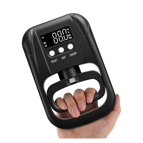 Top Tier Digital Grip Force Gauge Tester Pushes And Pulses Up To 265 Pounds USB Powered Hand Dynamometer in hand, LCD display visible.