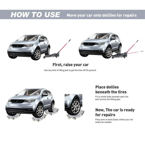How to use Whopping 6000 Lb Capacity Car Wheel Dollies Set Of 4 Heavy Duty Steel with car raised and positioned for repairs.