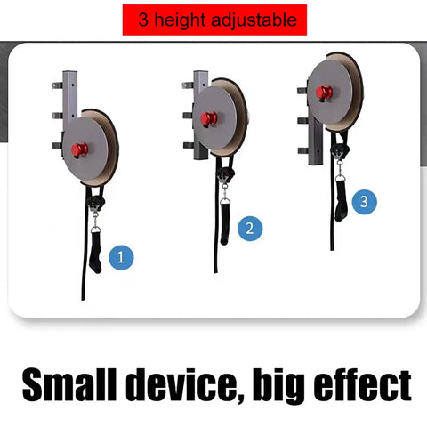 Wall Mounted Flywheel Trainer With Variable Resistance And Auto Retracting Band For Full Body Strength Workouts and Home Gym Setup to Level Up Your Grinds and Build Real Gains Fast, showing adjustable height settings.
