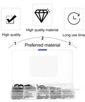 Internal Tooth Lock Washers Set, 340 Pcs Black Assortment Kit with storage box showing durability and quality icons