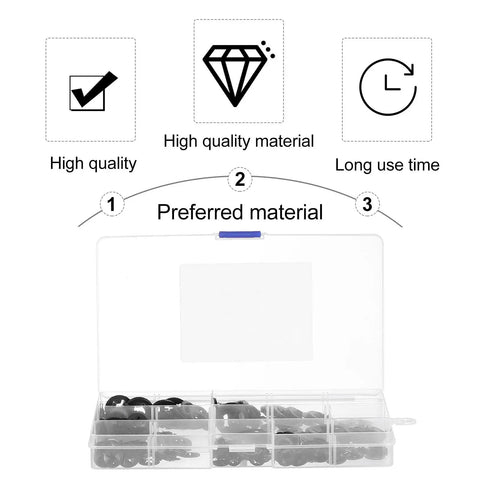 Internal Tooth Lock Washers Set, 340 Pcs Black Assortment Kit with storage box showing durability and quality icons
