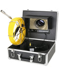 Badass HD Borescope Inspection Camera With 9 Inch Monitor And IP68 Waterproof Drain Sewer Pipe Endoscope Video Featuring Rock Solid Stainless Probe and Killer LED Array For Dead Simple Clog Hunting in a black case with yellow cable.