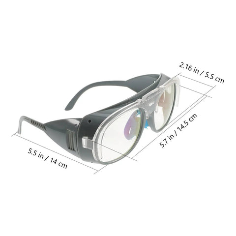 Heavy Duty Pair Of Welding Goggles With Double Layer Plastic Lens Badass Impact Resistant Safety Glasses Lightproof Shop Gear For Daily Grind And Heavy Fabrication Work, side view with dimensions.