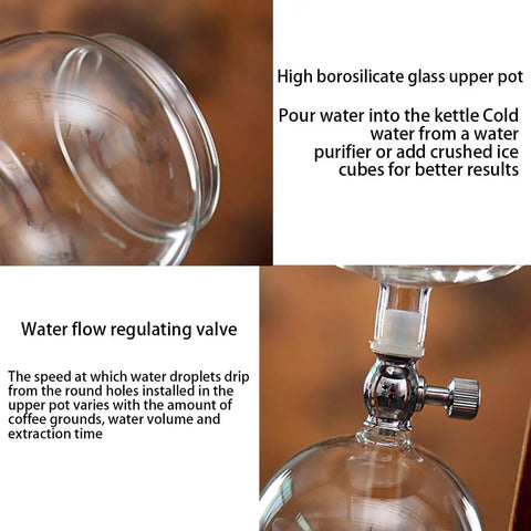 Kickstart Your Routine With This Cold Brew Drip Tower And Portable Iced Coffee Maker Featuring Dual Adjustable Valves For Custom Drip Rates Crafted From Durable Borosilicate Glass For A Smooth Daily Grind: close-up of high borosilicate glass upper pot and water flow regulating valve.