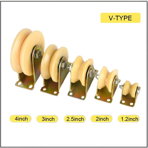 Top Shelf V Groove Track Roller For Sliding Doors Built Rugged With Smooth Double Roll Bearings And Reliable 3 Inch Steel Pulley that includes various sizes from 1.2 to 4 inches.