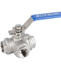 Kickass Heavy Duty One Half Inch 304 Stainless Steel Three Way Ball Valve T Port with blue lever for plumbing connections.