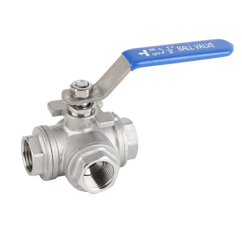 304 Stainless Steel Three Way Ball Valve One Half Inch Female Thread with blue lever for industrial piping.