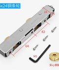 Heavy Duty Stainless Steel Sliding Door Pulley Featuring Dual Copper Wheel Bearing Rollers, 15x24 size, with installation screws and hex key.