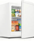 Compact 1.1 Cu Ft Upright Mini Freezer In Bright White For Dorms Small Apartments And Garages with opened door showing contents.