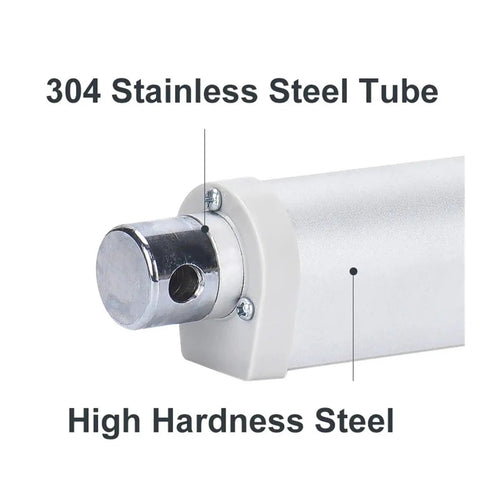 Close-up of 24 Volt Electric Linear Actuator With Telescopic Reach showing 304 stainless steel tube and high hardness steel components.