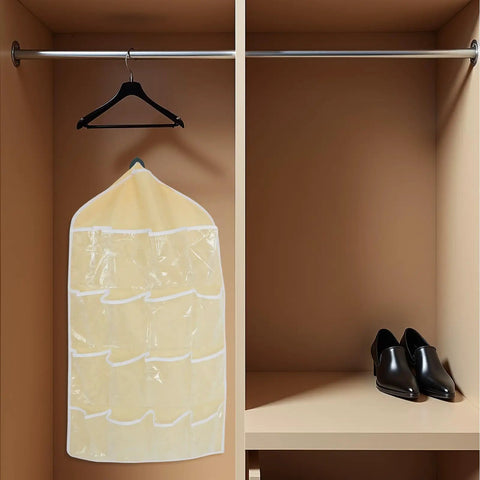 Slick Over Door Hanging Pocket Storage Organizer With Heavy Duty Steel Hooks For Closet Wardrobe Shoes Socks Sundries Space Saving Home Organization Top Tier Quality Craftsmanship hanging in closet with black shoes on shelf.