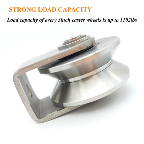 V Groove Wheel Heavy Duty Stainless Steel Caster With Bracket For Sliding Gates Rolling Gates Inverted Track And Industrial Machines High Load Capacity And Corrosion Resistant Design, side view of stainless steel caster showing wheel and bracket.