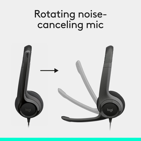 H390 Wired Headset With Noise Cancelling Mic For PC And Chromebook, showing rotating mic feature