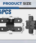 Product size chart for Heavy Duty Invisible Door Hinges 180 Degree Swivel Black Four Pack Solid Zinc Alloy Cabinet Hardware.