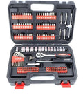 Top Shelf 1/4 Inch Socket Wrench With 131 Chrome Vanadium Steel Bits Tough As Nails Ratchet Handle Beast Mode Tool Kit, open tool case showing bits.