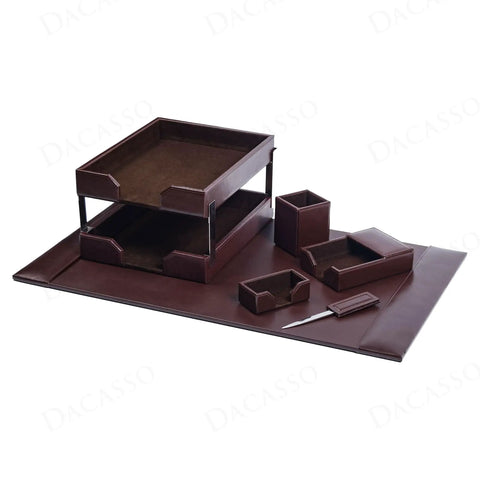 Dark Brown Bonded Leather 8 Piece Desk Accessory Set For Office Organization And Executive Decor With Scratch Resistant Velveteen Backed Blotter