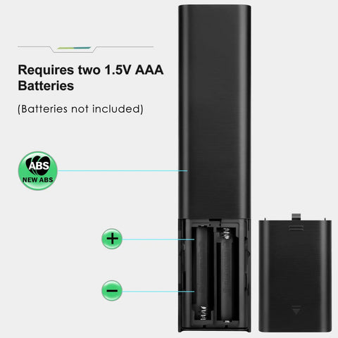 Back of Universal Smart TV Remote Control showing battery compartment with AAA battery requirements.